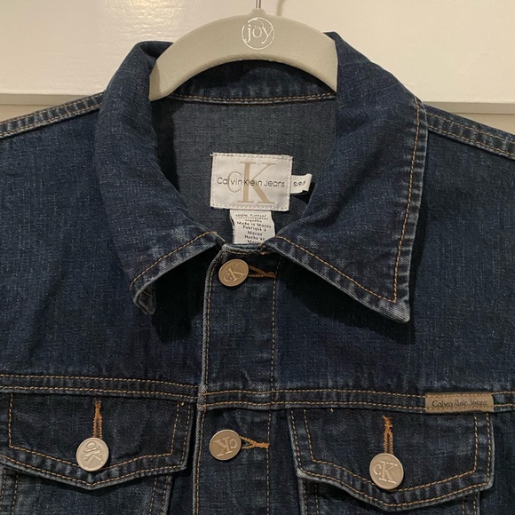 100% Cotton Vintage Calvin Klein Denim Jacket Dark Navy Blue Stitch Size Small - Picture 7 of 10